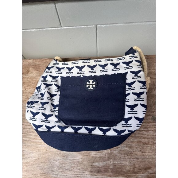 Tory Burch Navy Whale Print Canvas Hobo Shoulder Bag Rope Handle Summer Nautical - Picture 1 of 9